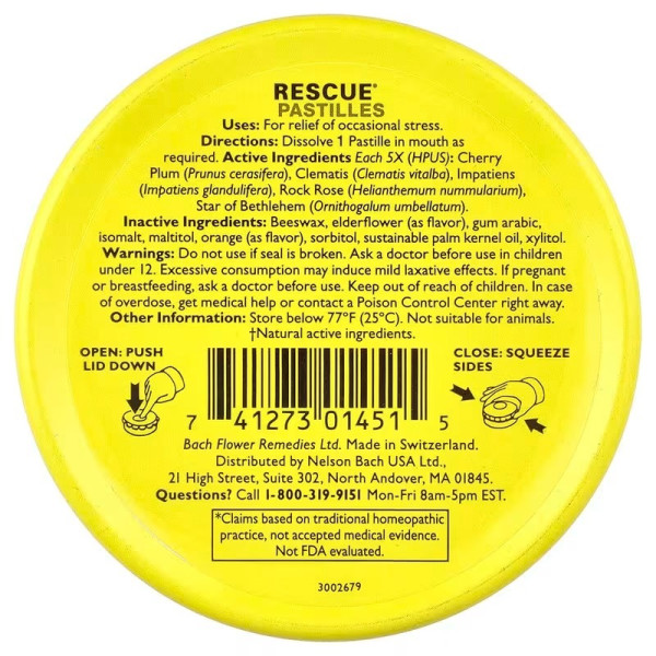 Натуральний засіб для зняття стресу, Natural Stress Relief, Bach, зі смаком апельсина та бузини, 35 пастилок, 50 г