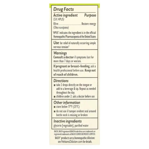 Олива, Квіткова есенція, Flower Remedies, Olive, Bach, оригінальна, 10 мл