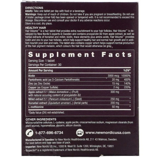 Поживне підтримка для волосся, Hair Volume, New Nordic, з біопектиновим екстрактом яблука, 90 таблеток