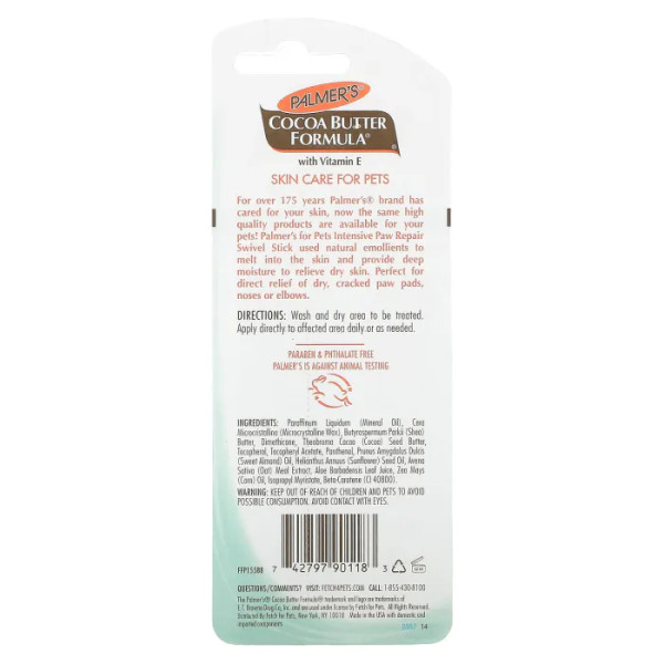 Бальзам для сухої шкіри у тварин, з маслом какао та вітаміном E, Cocoa Butter Formula with Vitamin E, Swivel Stick Intensive Paw Repair, For Rough & Dry Skin, Palmer's for Pets, без ароматів, стик, 14 г