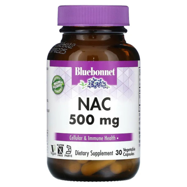 N-ацетил-L-цистеїн, NAC, Bluebonnet Nutrition, 500 мг, 30 вегетаріанських капсул