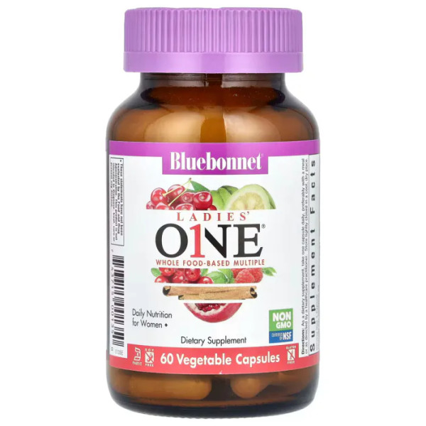 Мультивітаміни для жінок, Ladies' ONE, Bluebonnet Nutrition, цільнохарчовий комплекс, 60 рослинних капсул