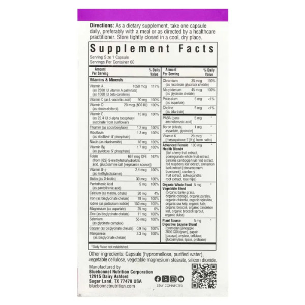 Мультивітаміни для жінок, Ladies' ONE, Bluebonnet Nutrition, цільнохарчовий комплекс, 60 рослинних капсул