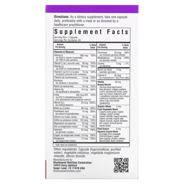 Мультивітаміни для жінок 40+, Ladies' ONE, Whole Food-Based Multiple, Bluebonnet Nutrition, цільнохарчовий комплекс, 60 вегетаріанських капсул