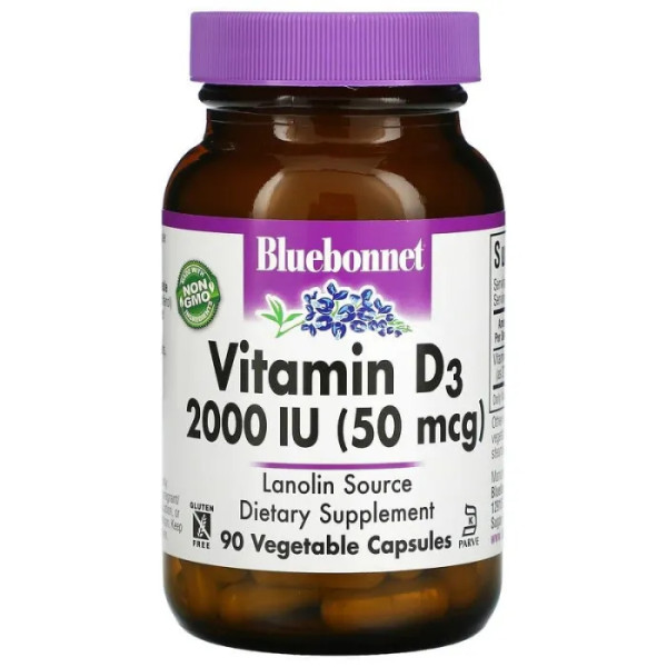 Вітамін D3, Vitamin D3, Bluebonnet Nutrition, 50 мкг (2000 МО), 90 вегетаріанських капсул