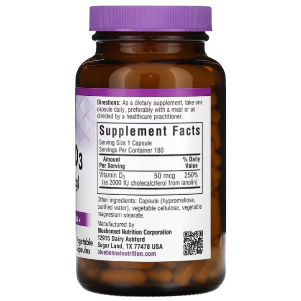 Вітамін D3, Vitamin D3, Bluebonnet Nutrition, 2000 МО, 180 капсул
