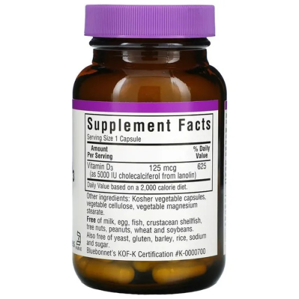 Вітамін D3, Vitamin D3, Bluebonnet Nutrition, 125 мкг (5000 МО), 60 вегетаріанських капсул