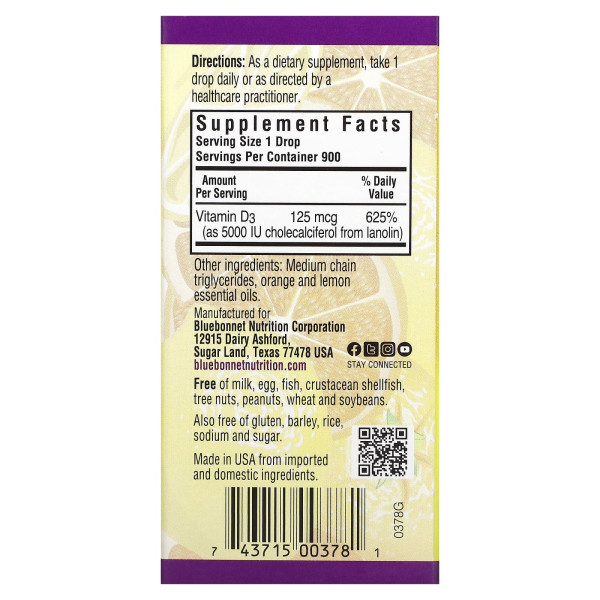 Вітамін D3 (цитрусовий смак), Liquid Vitamin D3, Bluebonnet Nutrition, краплі, 5000 МО, 30 мл