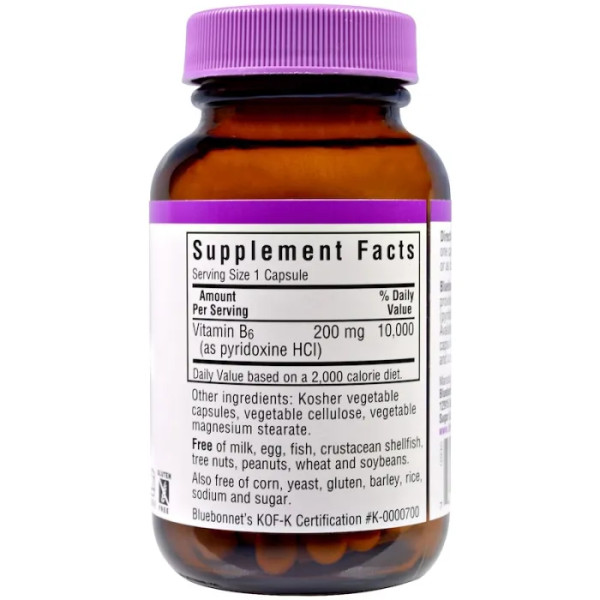 Вітамін В6 (піридоксин), Vitamin B-6, Bluebonnet Nutrition, 200 мг, 90 капсул