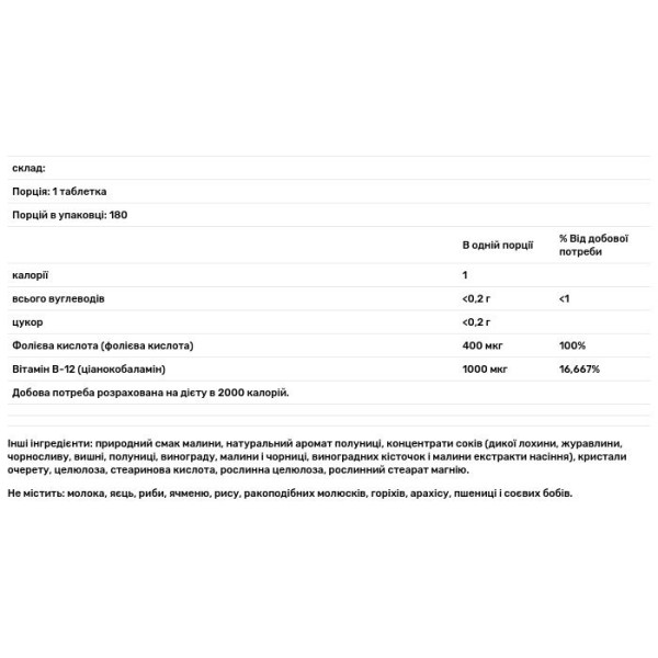 Вітамін В12 і фолієва кислота, смак малини, Vitamin B-12 & Folic Acid, Bluebonnet Nutrition, 180 жувальних таблеток