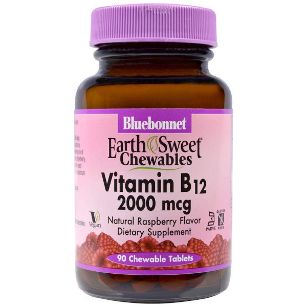 Вітамін В12 (ціанокобаламін), Vitamin B12, Bluebonnet Nutrition, малина, 2000 мкг, 90 жувальних таблеток
