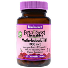 Вітамін В12 (метилкобаламін) 1000 мкг, Bluebonnet Nutrition Methylcobalamin, жувальні таблетки зі смаком малини