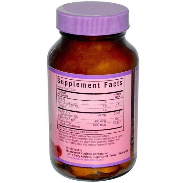 Вітаміни B6, B12 + фолієва кислота, Vitamin B6, B12 Plus Folic Acid, Bluebonnet Nutrition, малина, 60 жувальних таблеток