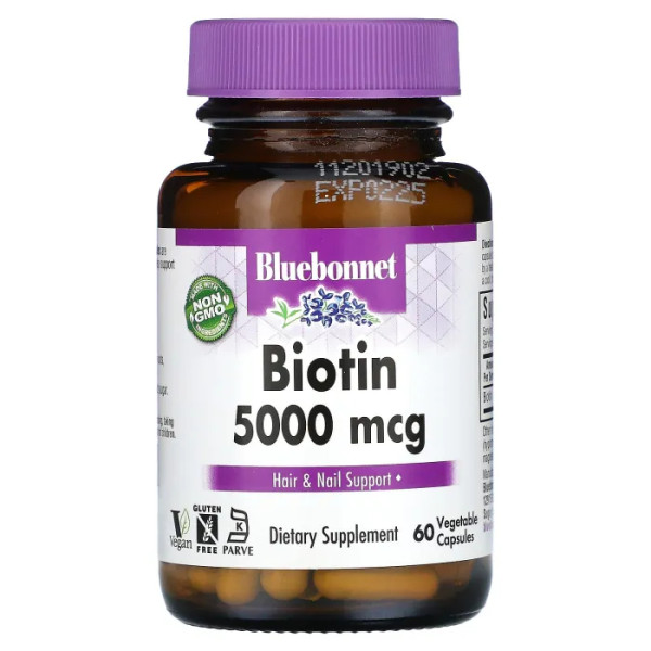 Біотин, Biotin, Bluebonnet Nutrition, 5000 мкг, 60 вегетаріанських капсул