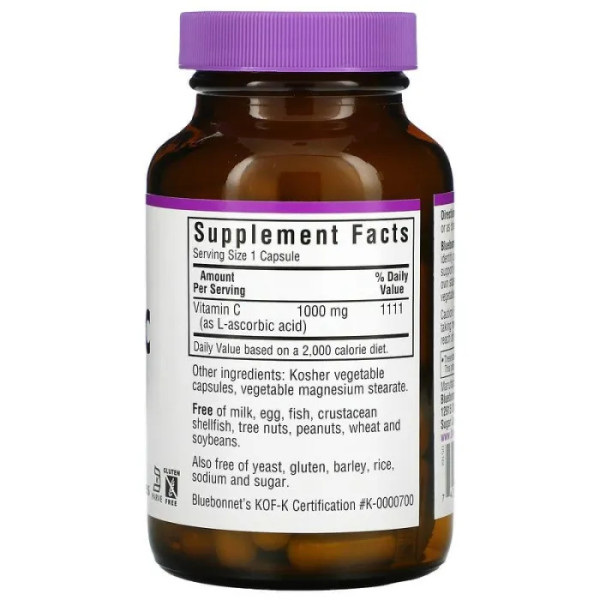 Вітамін C, Vitamin C, Bluebonnet Nutrition, 1000 мг, 90 вегетаріанських капсул