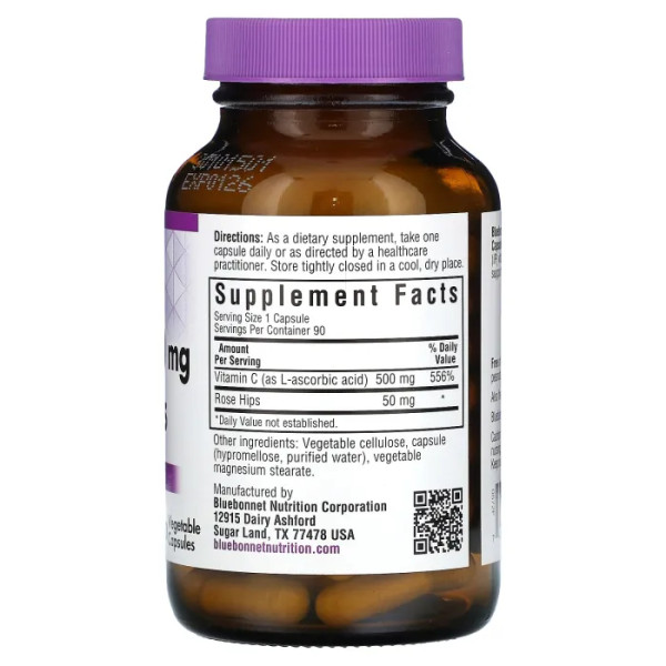 Вітамін C та плоди шипшини, Vitamin C & Rose Hips, Bluebonnet Nutrition, 500 мг, 90 вегетаріанських капсул