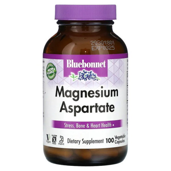 Магній аспартат, Magnesium Aspartate, Bluebonnet Nutrition, 100 вегетаріанських капсул