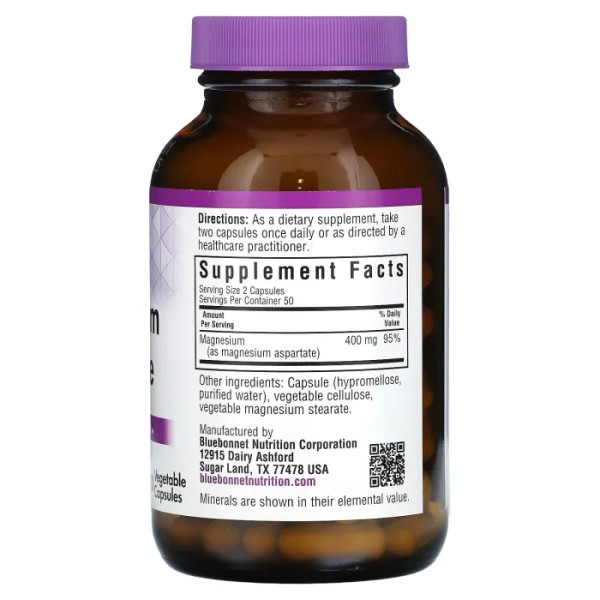 Магній аспартат, Magnesium Aspartate, Bluebonnet Nutrition, 100 вегетаріанських капсул