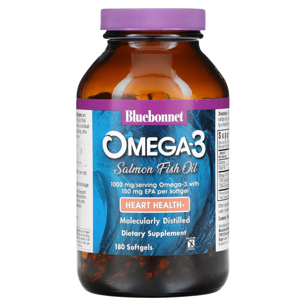 Жир лосося Омега-3, Omega-3 Salmon Oil, Bluebonnet Nutrition, 1000 мг, 180 капсул
