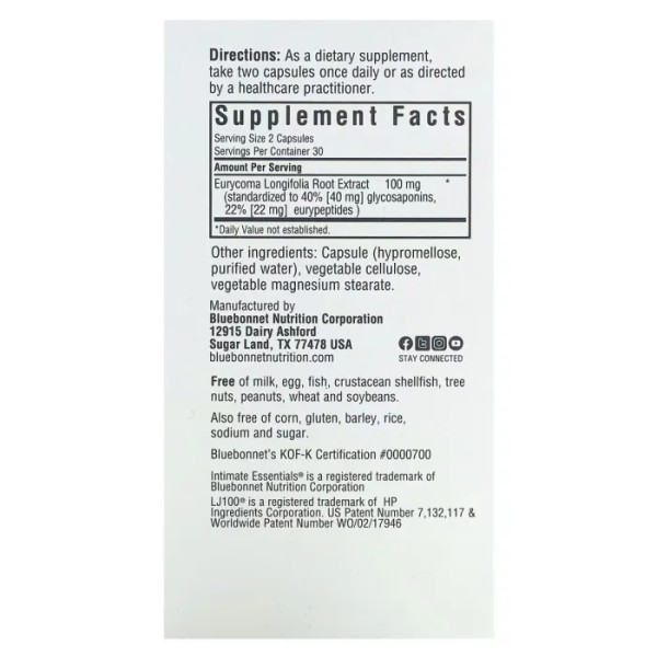 Тонгкат Алі, Lj100, Bluebonnet Nutrition, Intimate Essentials, підтримка фертильності для чоловіків та жінок, 60 вегетаріанських капсул