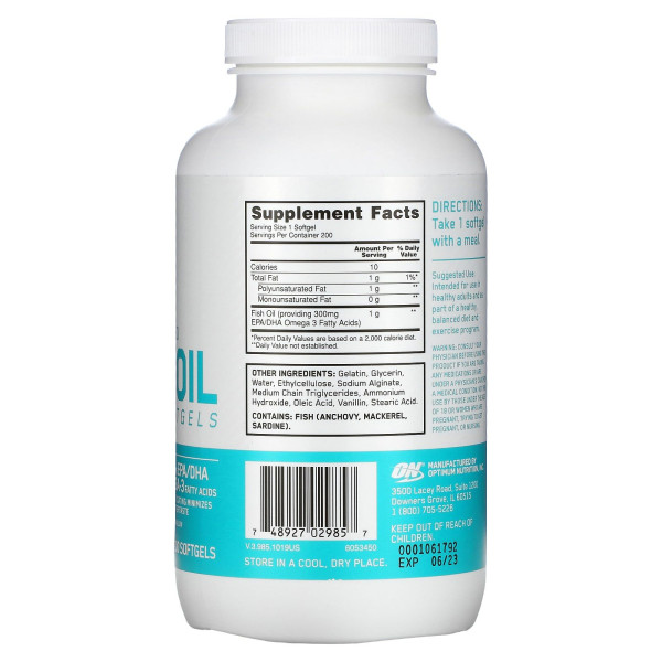 Риб'ячий жир EPA та DHA, Fish Oil, Optimum Nutrition, 200 капсул з ентеросолюбильним покриттям