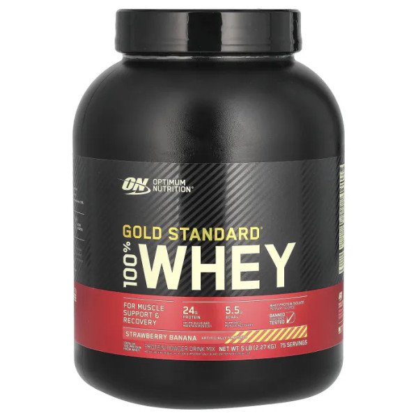 Протеин сывороточный, Gold Standard 100% Whey, Optimum Nutrition, клубника и банан, 2.27 кг
