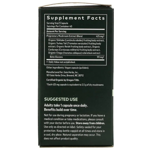 Суміш грибів для імунітету, Immune Mushroom Blend, Gaia Herbs, 40 веганських капсул