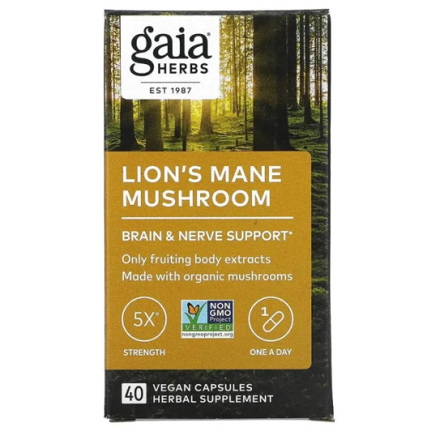 Їжовик гребінчастий, Lion's Mane Mushroom, Gaia Herbs, 40 веганських капсул.