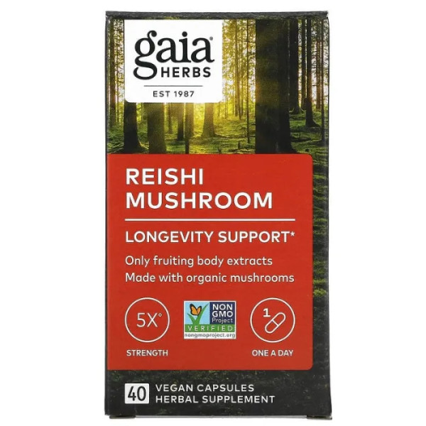 Рейші, Reishi Mushroom, Gaia Herbs, 40 веганських капсул