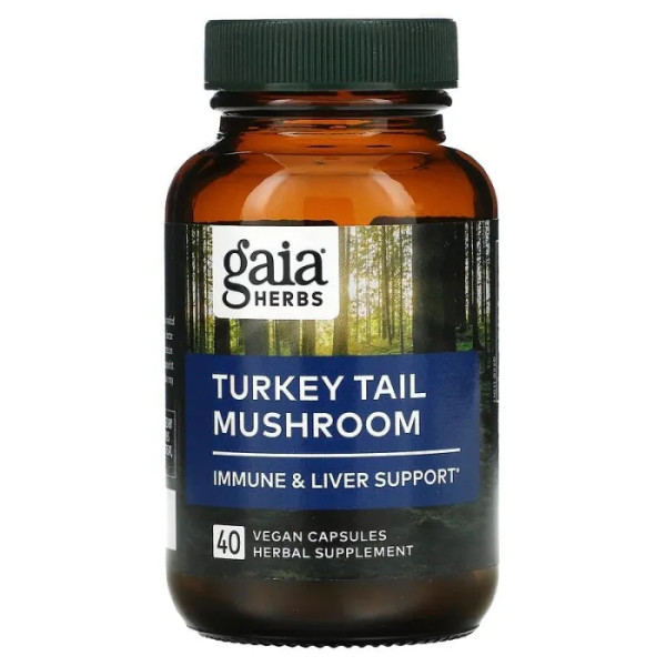 Траметес різнокольоровий, Turkey Tail Mushroom, Gaia Herbs, 40 веганських капсул