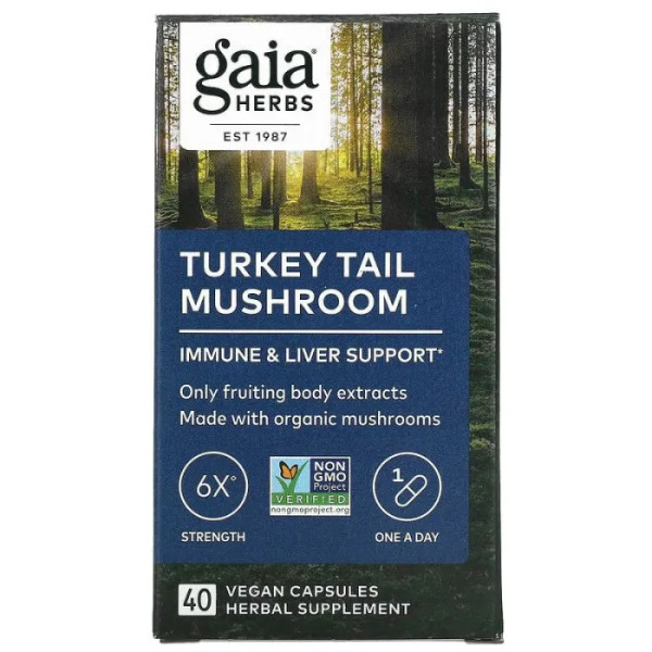 Траметес різнокольоровий, Turkey Tail Mushroom, Gaia Herbs, 40 веганських капсул