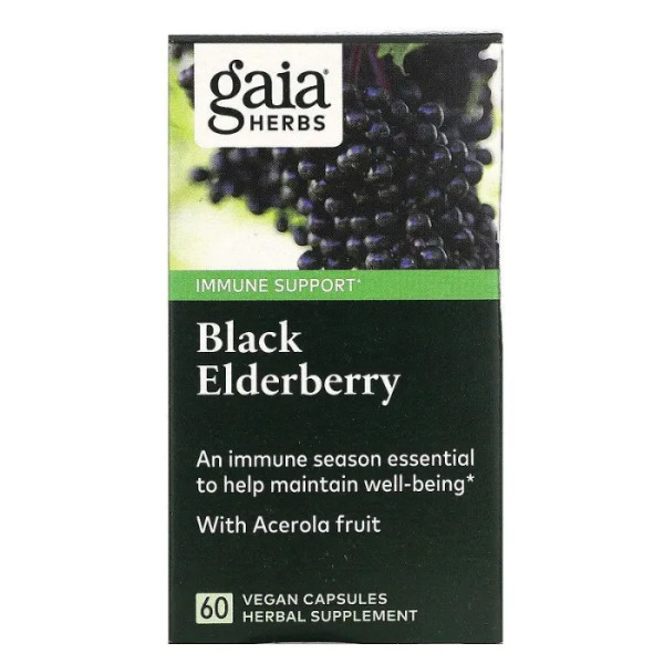 Чорна бузина з ягодами ацероли, Black Elderberry with Acerola, Gaia Herbs, 60 веганських капсул