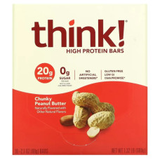 Протеїновий батончик, Think! High Protein Bars, смак шматочки арахісової пасти 10 батончиків по 60 г