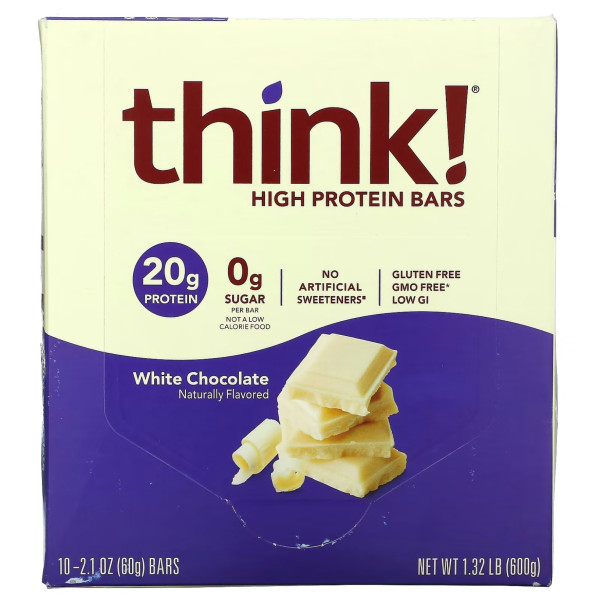 Протеїнові батончики, High Protein Bars, Think!, білий шоколад, 10 батончиків по 60 г