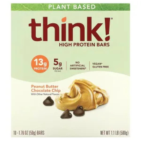Протеїнові батончики, High Protein Bars, Think!, арахісова паста та шоколадна крихта, 10 батончиків по 50 г