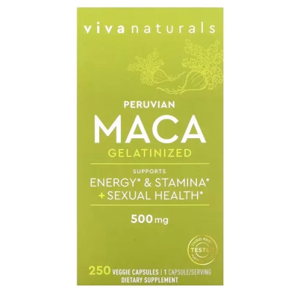 Мака, екстракт, Maca, Viva Naturals, органічна, перуанська, желатинізована, 500 мг, 250 вегетаріанських капсул