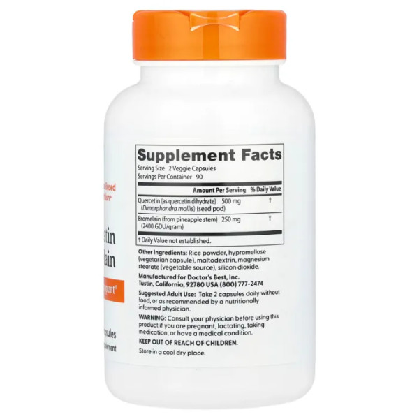 Кверцетин та бромелайн, Quercetin Bromelain, Doctor's Best, 180 веганських капсул