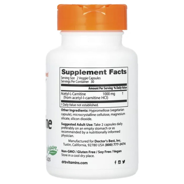 Ацетил карнитин, Acetyl-L-Carnitine, Doctor's Best, 1000 мг, 60 веганских капсул (500 мг в капсуле)