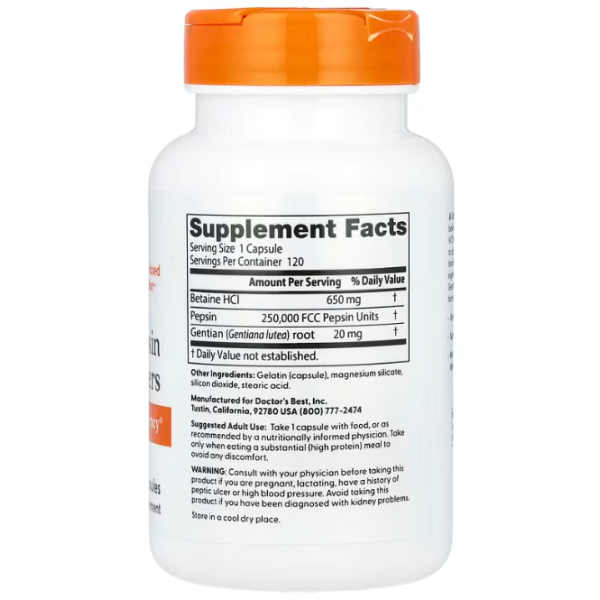 Бетаїн гідрохлорид + пепсин, Betaine HCL Pepsin, Doctor's Best, 120 капсул