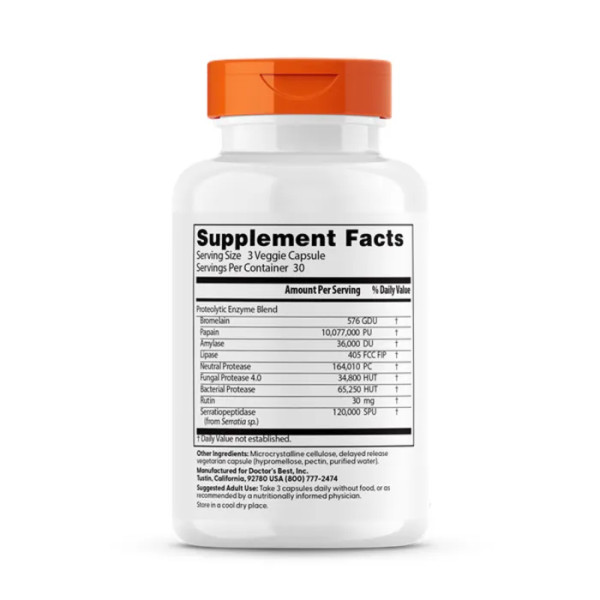 Протеолітичні ферменти, Proteolytic Enzymes, Doctor's Best, 90 вегетаріанських капсул з відстроченим вивільненням