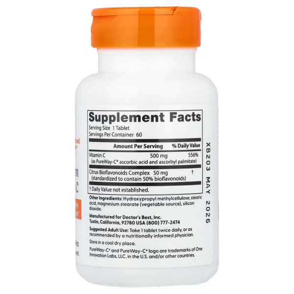 Вітамін С, High Absorption Vitamin C, Doctor's Best, високе засвоєння, 60 веганських таблеток