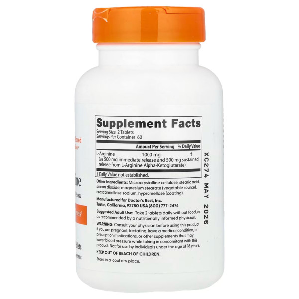 Аргінін, L-Arginine, Doctor's Best, 1000 мг, 120 двошарових таблеток (500 мг у таблетці)