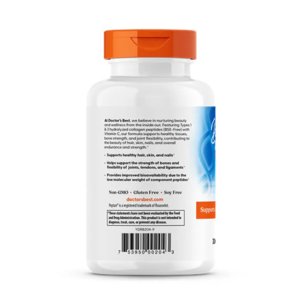 Колаген тип 1 і 3, Collagen, Doctor's Best, з пептаном та вітаміном С, 1000 мг, 180 таблеток