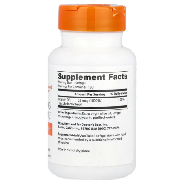 Вітамін D3, Vitamin D3, Doctor's Best, 25 мкг (1000 МО), 180 гелевих капсул
