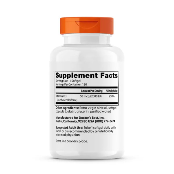 Вітамін D3, Vitamin D3, Doctor's Best, 50 мкг (2000 МО), 180 гелевих капсул