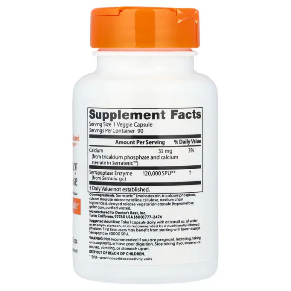 Серрапептаза, Serrapeptase, Doctor's Best, 120,000 SPUs, високої ефективності, 90 веганських капсул
