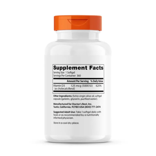 Вітамін D3, Vitamin D3, Doctor's Best, 125 мкг (5000 МО), 360 гелевих капсул