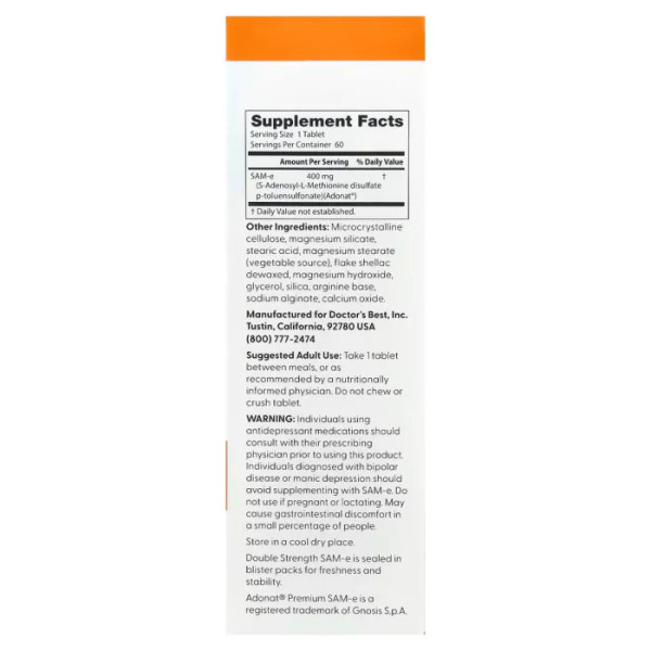 Аденозилметіонін, SAM-e (S-Adenosyl-L-Methionine), Doctor's Best, 400 мг, 60 вегетаріанських таблеток у кишковорозчинній оболонці
