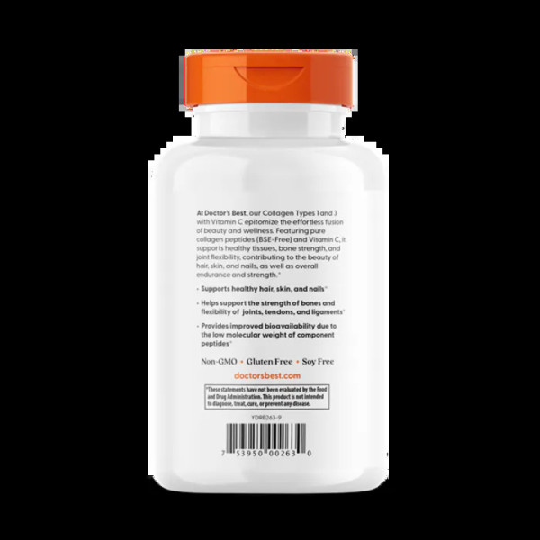 Колаген 1 і 3 типу, Types 1 and 3 with Peptan, Doctor's Best, з пептаном та вітаміном C, 500 мг, 240 капсул (125 мг у капсулі)