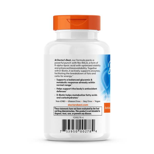 R ліпоєва кислота, Best Stabilized R-Lipoic Acid , Doctor's Best, 200 мг, 60 вегетаріанських капсул